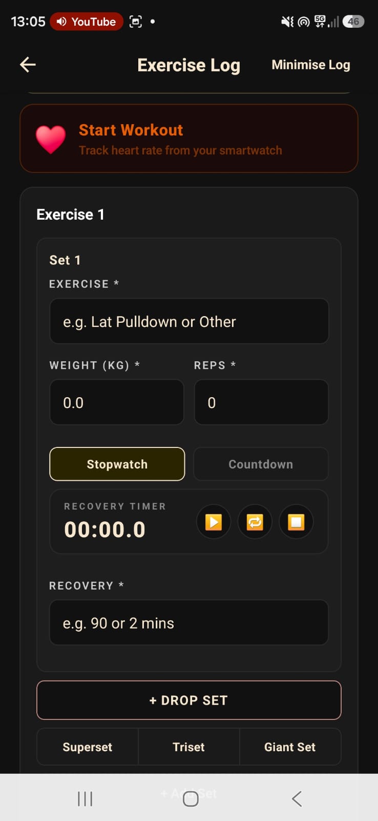 Exercise Log entry with weight, reps, recovery timer and superset/triset/giant set buttons